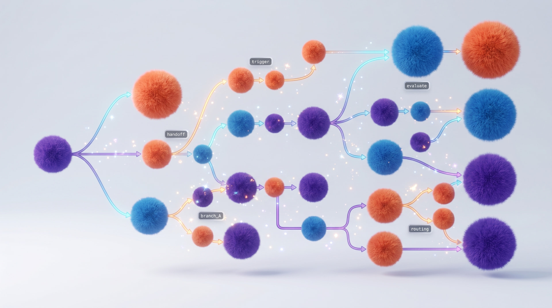 A branching agent workflow of purple, blue and coral nodes flowing left to right
