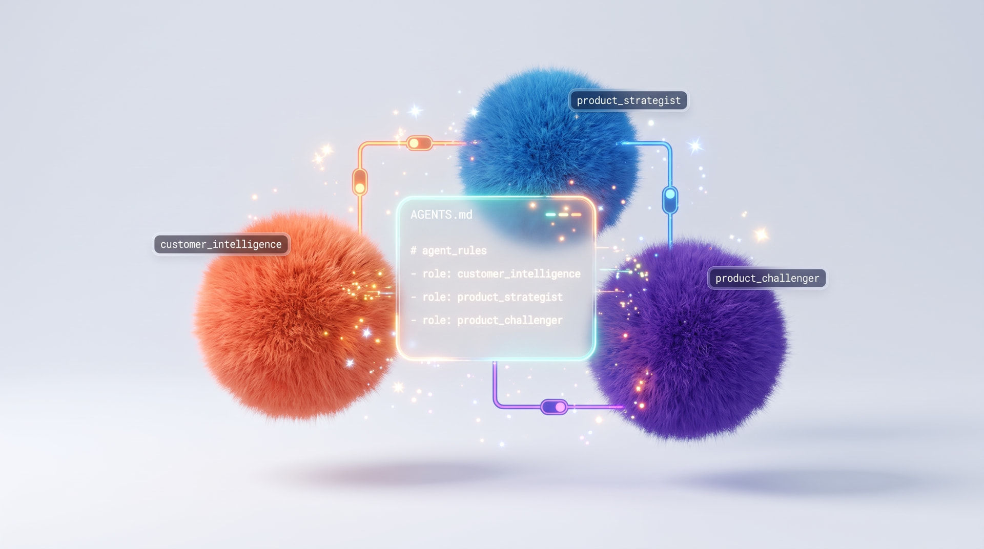 Three labelled agent spheres circling a translucent AGENTS.md rule file